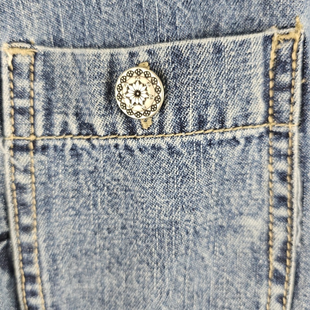 Vintage 90s Y2K Faded Glory Patchwork Flower Button Denim Skirt Boho Fringe Sz 3 - Picture 7 of 9